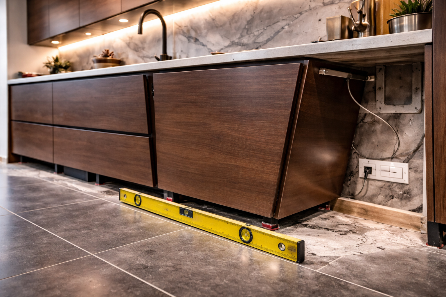 Luxury kitchen base cabinets installed unevenly on sloping floor, visible gaps under plinths and spirit level showing imbalance during modern kitchen installation.