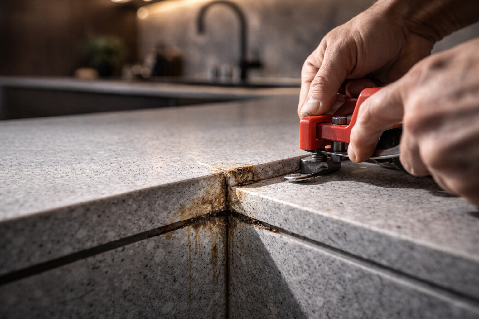 Close-up of poorly fitted quartz kitchen worktop joint with visible gap and water damage stains while installer attempts seam adjustment during kitchen installation.