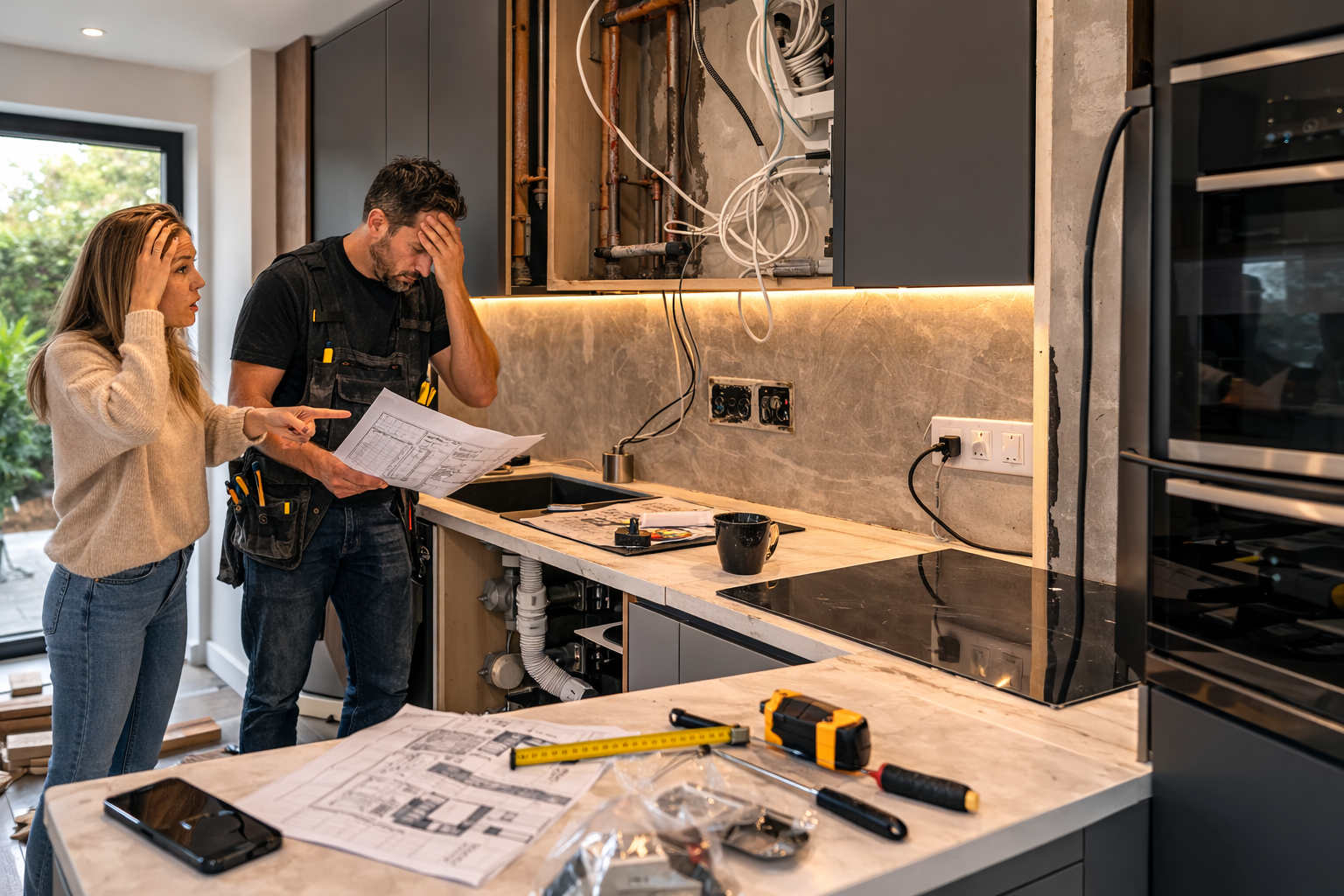 Concerned homeowner discussing kitchen installation problems with contractor, exposed pipes and electrical wiring visible above unfinished worktop in modern kitchen renovation.