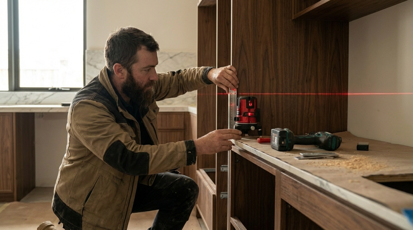 Instalation standards Craftsman fitting luxury kitchen cabinets using a laser level, focused on hands and tools for precise alignment.