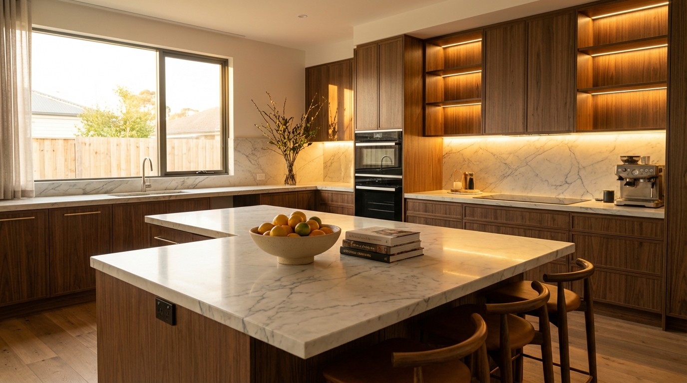 Finished kitchen at sunset Finished luxury kitchen at sunset with warm ambient lighting, glowing marble surfaces and integrated modern appliances.