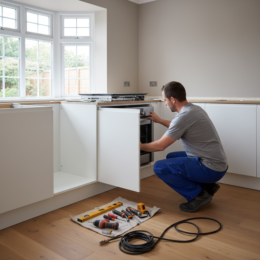 High end kitchen installation with integrated appliances being fitted and aligned