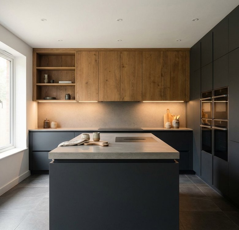 Dark modern kitchen with window on the left and tall cabinetry on the right, finished with precise detailing