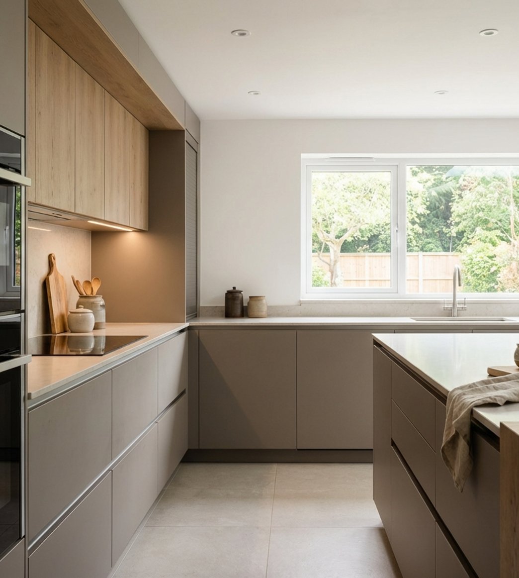 Completed premium kitchen with seamless cabinetry and integrated appliances, finished to a high standard